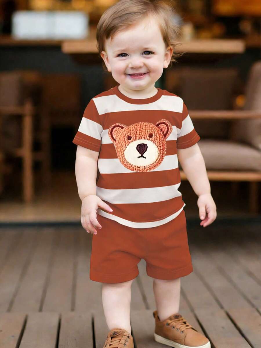 SHEIN Playful Pals 一套男婴休闲可爱卡通泰迪熊印花条纹圆领T恤和短裤夏季套装,适合户外休闲玩耍 - 彩色 - 查看 1