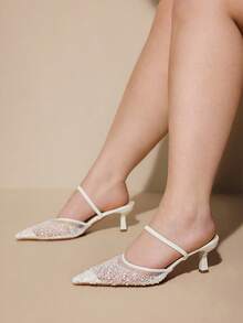 CUCCOO CURVES Women Shoes Women Pointed Mesh Embroidered Pearl Design Everyday Versatile Fashion Wide Last High Heels - Beige - View 4