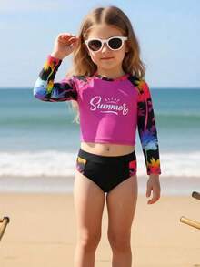 New Style Fashion Girls Young Girl Coconut Tree Printed Swimwear Set - Multicolor - View 4
