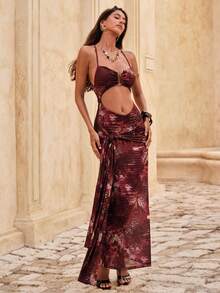 Nevyona Music Festival Outfits New Spring/Summer Women's Fashion Sexy Floral Print Dress - Criss-Cross Tie - Hollow Out - Bow Tie Design - Casual Vacation - Beach - Music Festival - Multicolor - View 3