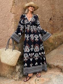 DAZY Floral Print Loose V-Neck Dress, Elegant Vacation Summer Long Dress For Women Sundress Boho - Black - View 1