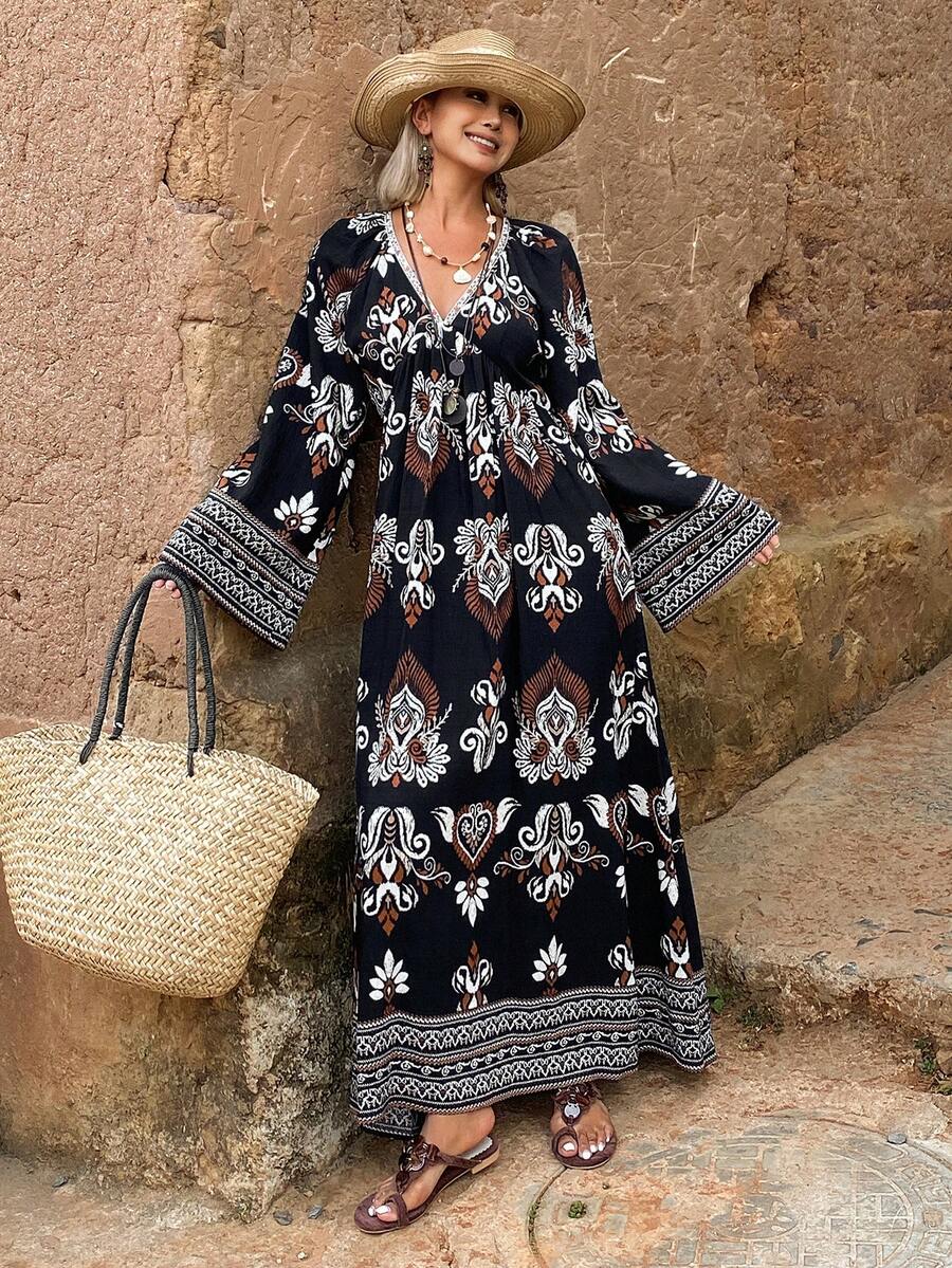 DAZY Floral Print Loose V-Neck Dress, Elegant Vacation Summer Long Dress For Women Sundress Boho - Black - View 1