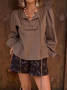 DAZY Embroidered Hollow Lace-Up Loose Long Sleeve Pullover Elegant Summer Blouse For Women - Brown - View 4