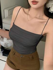 DAZY 女款純色百褶細肩帶背心，休閒性感夏季上衣，適合夜店外出的黑色款 - 灰色 - 查看 4