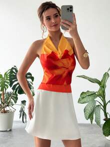 RiviMae 女士优雅度假风深V领扎染花卉露背系带衬衫 - 橘色 - 查看 5