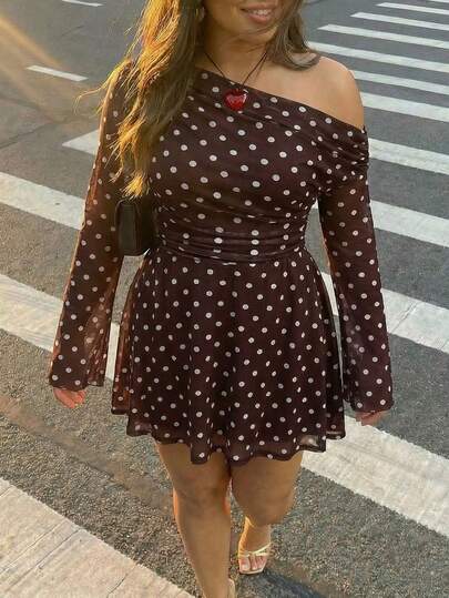SHEIN ICON Plus-Size Women's Polka Dot Mesh One-Shoulder Long-Sleeved Mini Dress, Y2K Style, Suitable For Autumn, Dates, And Sexy Wear; Also A Spring Dress For Women, An Elegant Women's Dress.