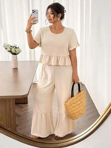 SHEIN Frenchy 大码休闲纯色荷叶边衬衫和裤子两件套 - 杏色 - 查看 7