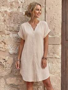 EMERY ROSE 女式夏季休闲纯色缺口领蝙蝠袖宽松短款连衣裙 - 卡其色 - 查看 4