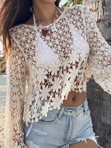DAZY Damen Urlaubs-Strand einfarbiger durchbrochener Strickpullover Sommer Cover-Ups für Badebekleidung mit langen Ärmeln - Aprikosenfarben - Übersicht 2