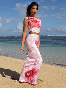 Sirith Women's New Floral Print Cropped Top And Bodycon Mini Skirt Set - Pink - View 1