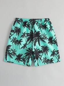 SHEIN 一件青少年男童泳衣，绿色底黑色棕榈树印花，松紧腰带配抽绳设计，梭织面料，时尚休闲，适合游泳、夏季度假、海滩、泳池派对等场合。 - 薄荷綠 - 查看 2