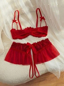 SpicyHot Bộ đồ lót Babydoll ren đỏ bán trong suốt với chân váy bồng bềnh và dây đeo mảnh, Đồ lót Babydoll, Đi chơi, Vẻ ngoài quyến rũ - Đỏ - Xem 2