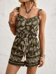 Breezaya Women's Elegant Jumpsuit, Vacation Jumpsuit, Jumpsuit, Patterned Jumpsuit, Beaded Jumpsuit, Short Jumpsuit, Spaghetti Strap Jumpsuit, Spring/Summer Jumpsuit - Green - View 4