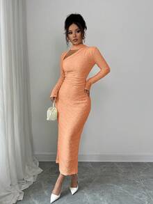 Elenzga 女士针织提花奶油色黄色拼接领派对/正式场合长裙，秋季 - 亮橙色 - 查看 7