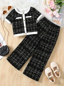 SHEIN 2件組女嬰黑色對比色T恤與內搭褲套裝，時尚休閒，女嬰適用 - 黑色 - 查看 3