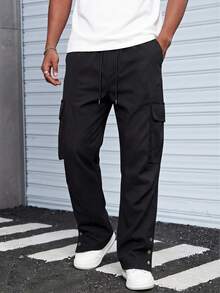 Manfinity Homme Quần cargo nam màu trơn, cạp chun, dáng rộng, kiểu dáng thường ngày. - màu đen - Xem 7