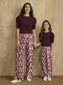 SHEIN 少女泡泡袖上衣和印花阔腿裤两件套，适合日常外出和度假穿着 - 彩色 - 查看 2