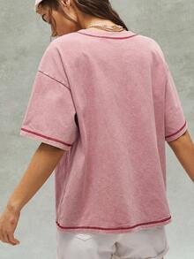 Bohemela Tricou de damă cu imprimeu de cizme cowboy, roz, tricotat, cu guler rotund, lejer, spălat, cu mânecă scurtă, stil boho casual, primăvară/vară - Roz - Vizualizare 7