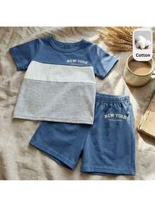 Loomiva 2pcs Baby Boy Letter Print Contrast Color Round Neck Short Sleeve Top And Elastic Waist Shorts Set,Kids - Multicolor - View 3
