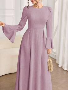 Al Najma Women's Solid Color Round Neck Flare Sleeve Elegant Arabic Style Dress - Lilac Purple - View 1