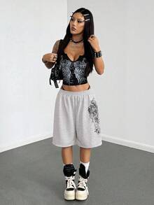 StreetHx 女士灰色朋克印花宽松七分裤 - 淺灰色 - 查看 3