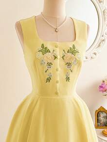 Vintamour 复古优雅女士连衣裙，带口袋，花卉刺绣，碎花方领，吊带休闲度假迷你裙，夏季女装，夏季连衣裙，复活节连衣裙，春季女装，春季连衣裙，度假装，女士度假装，女士连衣裙，夏季防晒连衣裙，女士正式连衣裙，优雅度假装，女士夏季度假装 - 黃色 - 查看 5