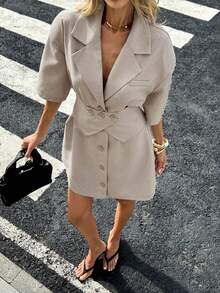 Siren Gaze 女士优雅休闲米色短袖翻领腰带纽扣细节不对称下摆西装裙，夏季度假休闲装，派对办公商务连衣裙，女士夏季亚麻西装裙套装，亚麻两件套，女士短款套装，女士夏季时尚套装，女士夏季西装裙套装，女士时尚套装，女士优雅套装 - 灰色 - 查看 4