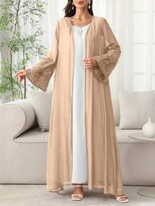 SHEIN Najma 春夏轻薄开襟长袍，袖口和下摆饰有刺绣花卉饰边 - 橘色 - 查看 8