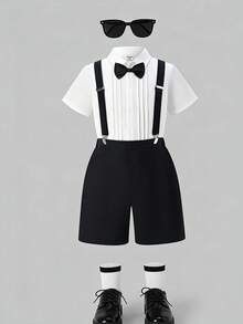 SHEIN 3pcs Tween Boy Suit Set: Collared Shirt, Detachable Suspender Pants, Elegant Bow Tie Boys Summer Formal Sets - Black and White - View 4