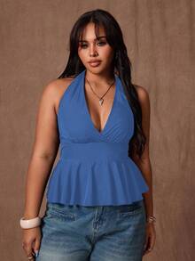 Rustia Blusa casual versátil de unicolor con cuello halter y pliegues para mujeres de talla grande, ideal para citas y salidas - azul real - Ver 3