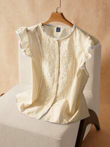 Elaquor 大码夏季休闲条纹花卉刺绣短袖衬衫 - 黃色 - 查看 3