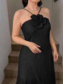 SHEIN LUNE Plus Size Women Floral 3D Decor Halter Neck Fashion Date Party Dress - Black - View 9