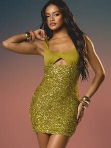 MISSGUIDED Sequin Cutout Mini Dress With Contrast Ribbed Top For Party Evening Cocktail Special Occasions - Green - View 1