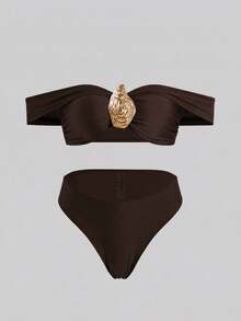 Swim Oasis 女士三件套泳装，露肩设计，金色装饰，半透明网纱扭结长裙，沙滩裙，优雅沙滩装，适合泳池、海滩、派对等场合 - 咖啡棕 - 查看 5