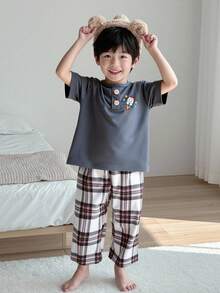 SHEIN Genkimix Kids 两件套男童可爱火箭格子印花短袖上衣和格子长裤休闲家居服套装 - 灰色 - 查看 9