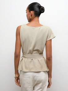 Maija Damen Sommer Mode Chic Beige Leinen Peplum Top,Asymmetrische Ärmel geraffte Taille Arbeitsblusen für Frauen,Atmungsaktiv Lässig Strand Urlaub - Khaki - Übersicht 6