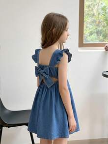 SHEIN Girls' Stylish Denim Suspender Dress, New Summer Design Princess Dress For Children - Blue - View 1