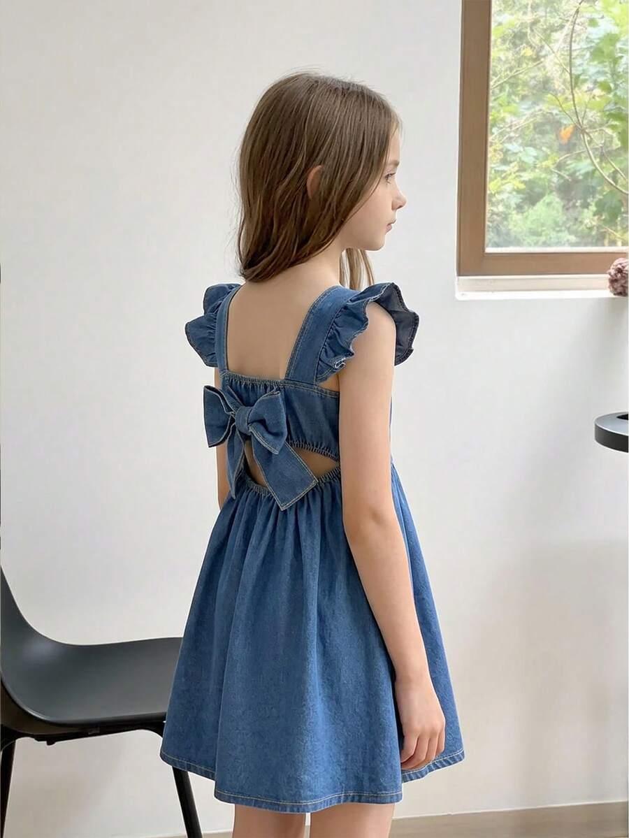 SHEIN Girls' Stylish Denim Suspender Dress, New Summer Design Princess Dress For Children - Blue - View 1
