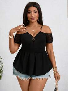 新款春夏女式金属链条吊带露肩T恤上衣，黑色修身T恤上衣，都市时尚性感女神T恤上衣，蕾丝袖拼接，日常休闲T恤，度假旅行性感T恤 - 黑色 - 查看 3