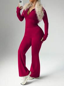 Slayform Bộ đồ liền thân dài tay 2 mảnh cho nữ, áo khoác có khóa kéo thường ngày cỡ lớn có lỗ xỏ ngón cái và quần ống loe cạp cao, bộ đồ liền thân dài tay cho nữ, bộ đồ liền thân tập luyện cho nữ, bộ đồ 2 mảnh cho nữ - Màu Đỏ Sâu - Xem 6