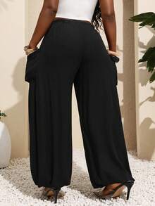 Xyvia Women's Solid Color Loose Pleated Pocket Pants, Suitable For Vacation And Daily Wear - Black - View 2