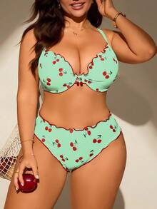 SHEIN Swim Mod Plus Size Women 2pcs/Set Random Print Padded Tankini Swimsuit Set - Olive Green - View 1