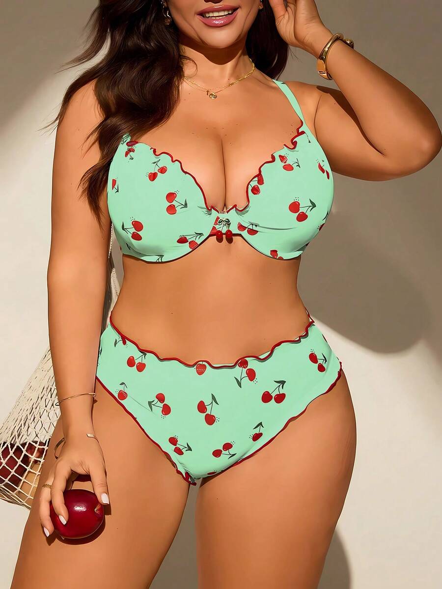 SHEIN Swim Mod Plus Size Women 2pcs/Set Random Print Padded Tankini Swimsuit Set - Olive Green - View 1