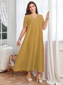 Lacomfia 女士V领短袖蕾丝拼接提花面料优雅休闲大码连衣裙，夏季黄色大码上衣，大码女式上衣，大码休闲上衣，大码上衣，女士上衣，大码黄色上衣，大码金色连衣裙，黄色大码女式连衣裙 - 黃色 - 查看 4