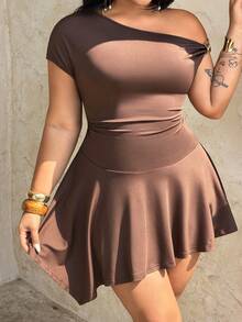 Rustia New Summer Sexy Solid Color Bodycon Asymmetric Hem Short Dress - Coffee Brown - View 2