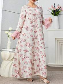 Al Najma 大码女式印花喇叭袖优雅阿拉伯风格连衣裙 - 粉色 - 查看 6