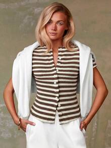 Athîral Women's Striped Short Sleeve Single-Breasted Casual Top - Multicolor - View 3