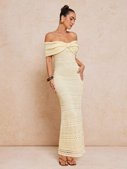 Lumalex 女士露肩纯色优雅收腰针织派对连衣裙