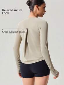 OutZeal Women Outdoor Tee Gym Top UV Protection Cool Touch Long Sleeve Cross-Over Pleat With Thumbhole - Khaki - View 4