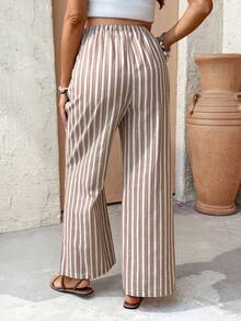 SHEIN 孕妇条纹可调节腰带口袋休闲百搭阔腿裤 - 卡其色 - 查看 2